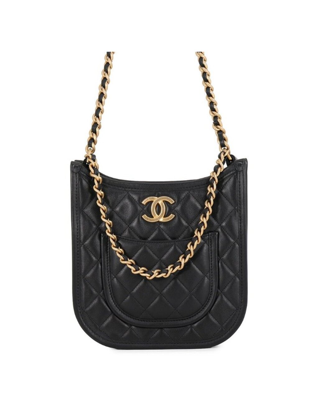 Chanel Chain Shoulder Bag Quilted CC Logo Hobo Lambskin 2-Way Black